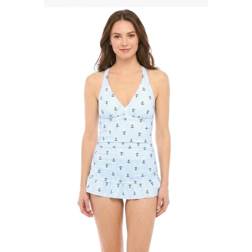 Crown & Ivy Nautical Swimdress L One Piece Swimsuit Anchor Stripe Blue‎ White
